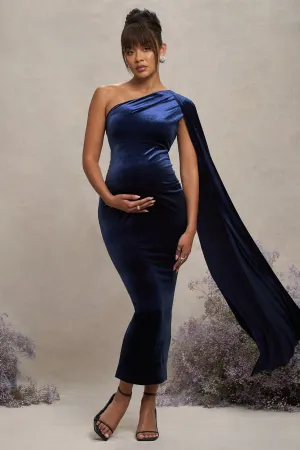 Amaryllis | Navy Velvet Maternity One Shoulder Maxi Dress with Cape Sleeve