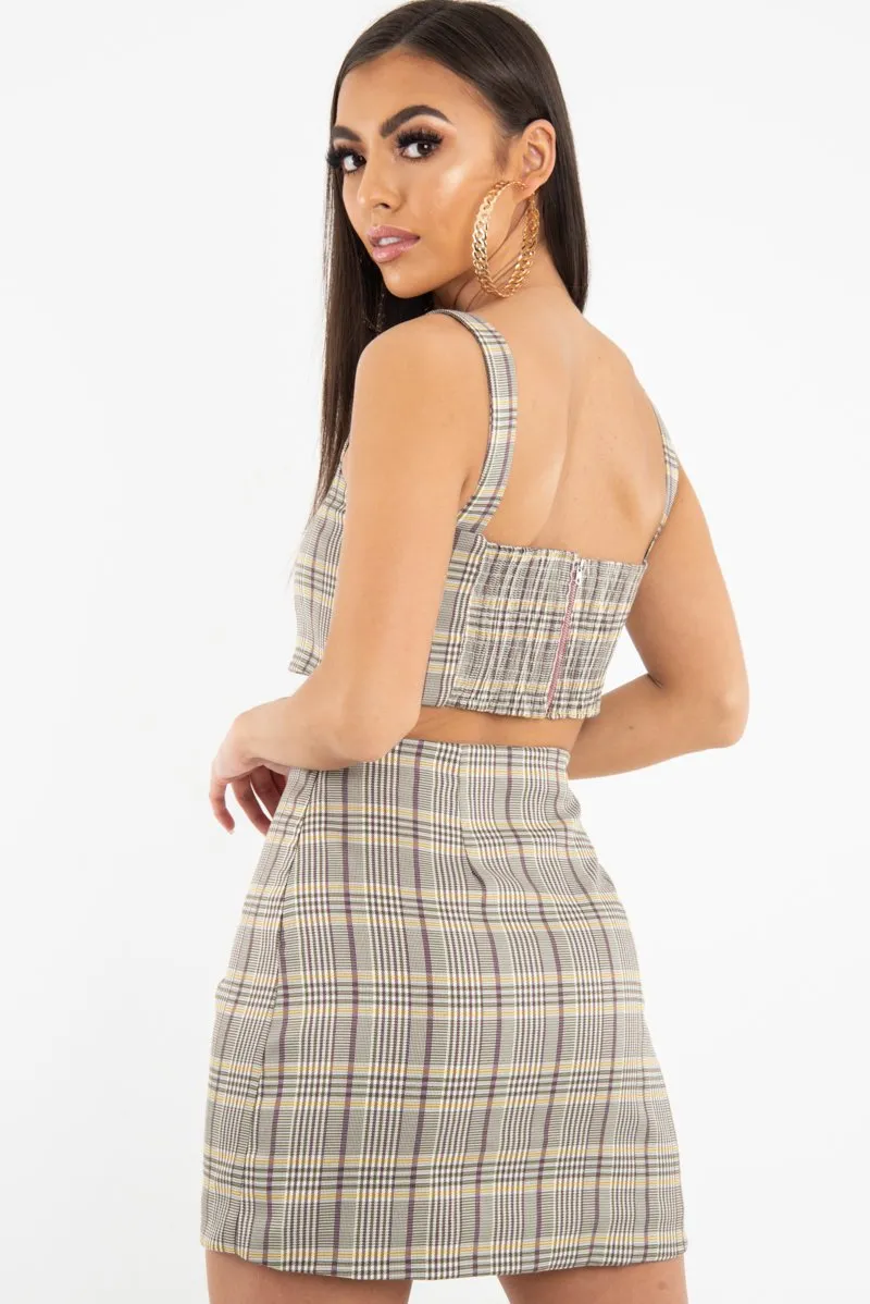 Beige Checked Bodycon Mini Skirt - Adaya