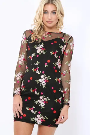 Black Embroidered Body Con with Sheer Sleeves - Fleur