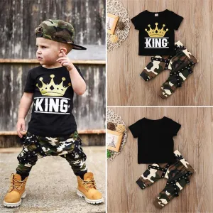 Boys Short Sleeve Cartoon Letter Printed Top & Camo Pants Boy Clothing Wholesale