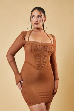 Brown Corset Detail Bodycon Mini Dress - Ivy