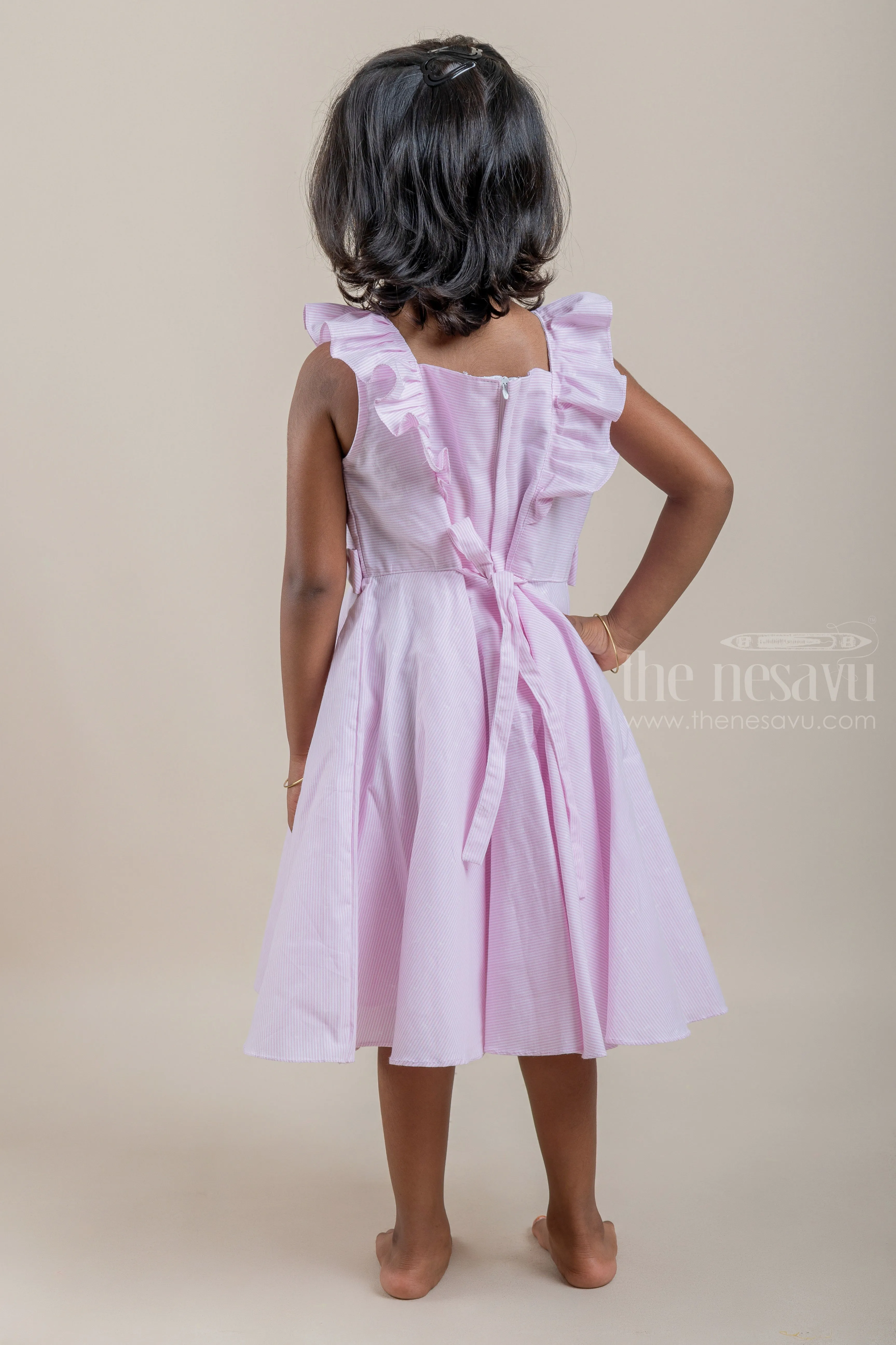 Casual Cotton Frock with Pink Pin Striped Design and Ruffled Yoke For Girls