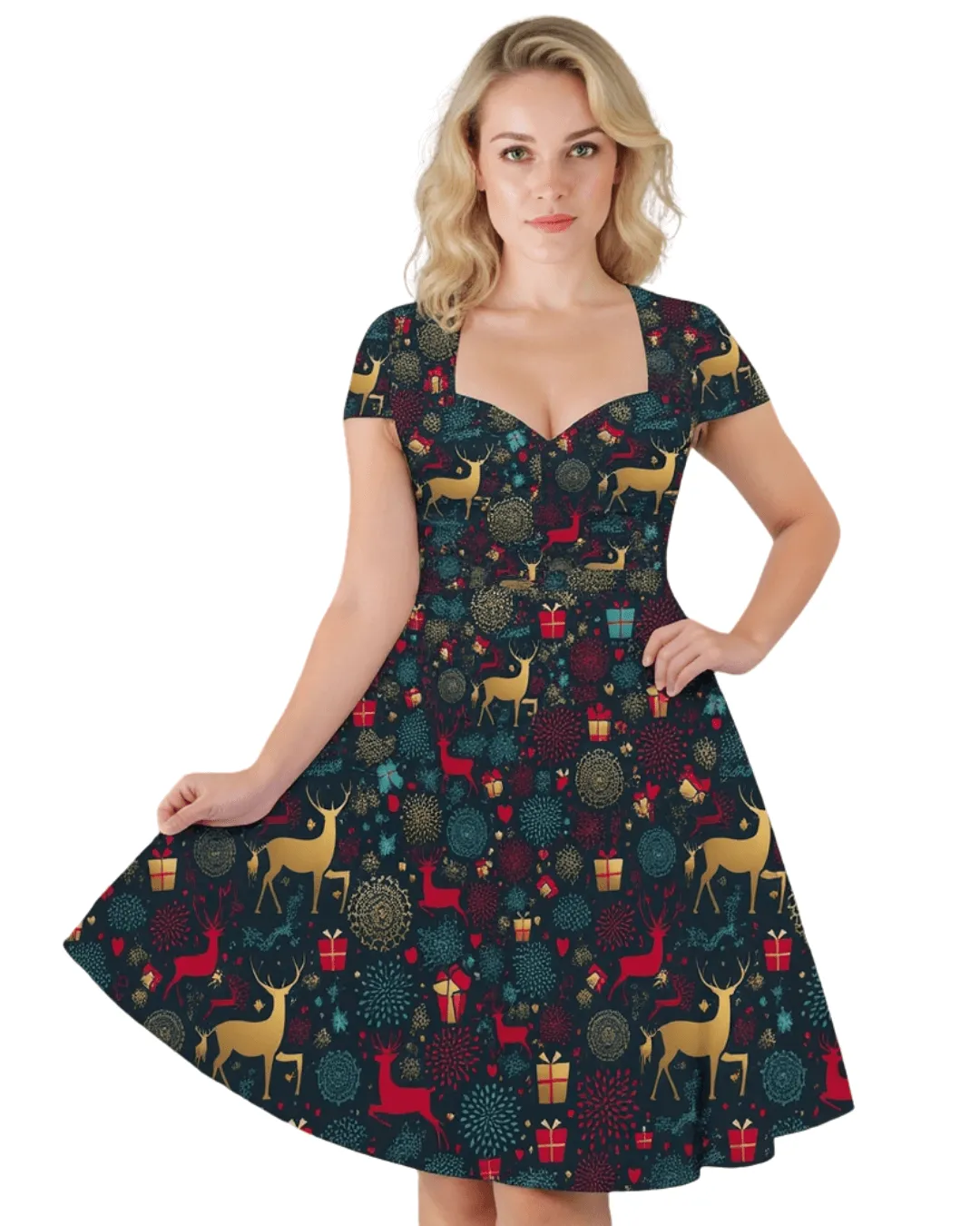 Christmas Reindeer Cap Sleeve Midi Dress With Pockets