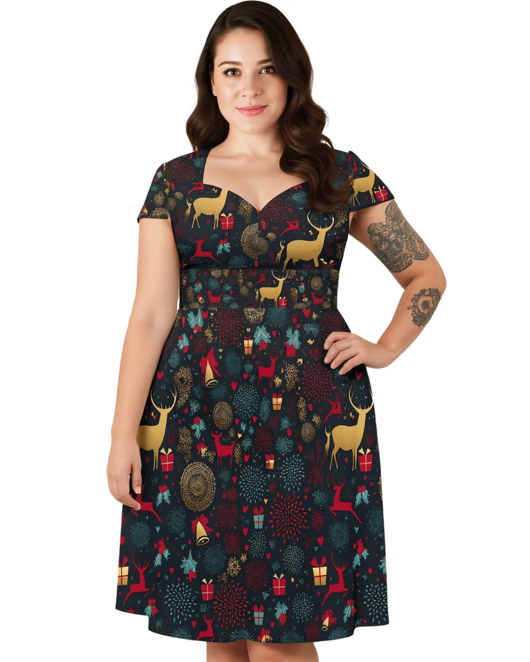 Christmas Reindeer Cap Sleeve Midi Dress With Pockets