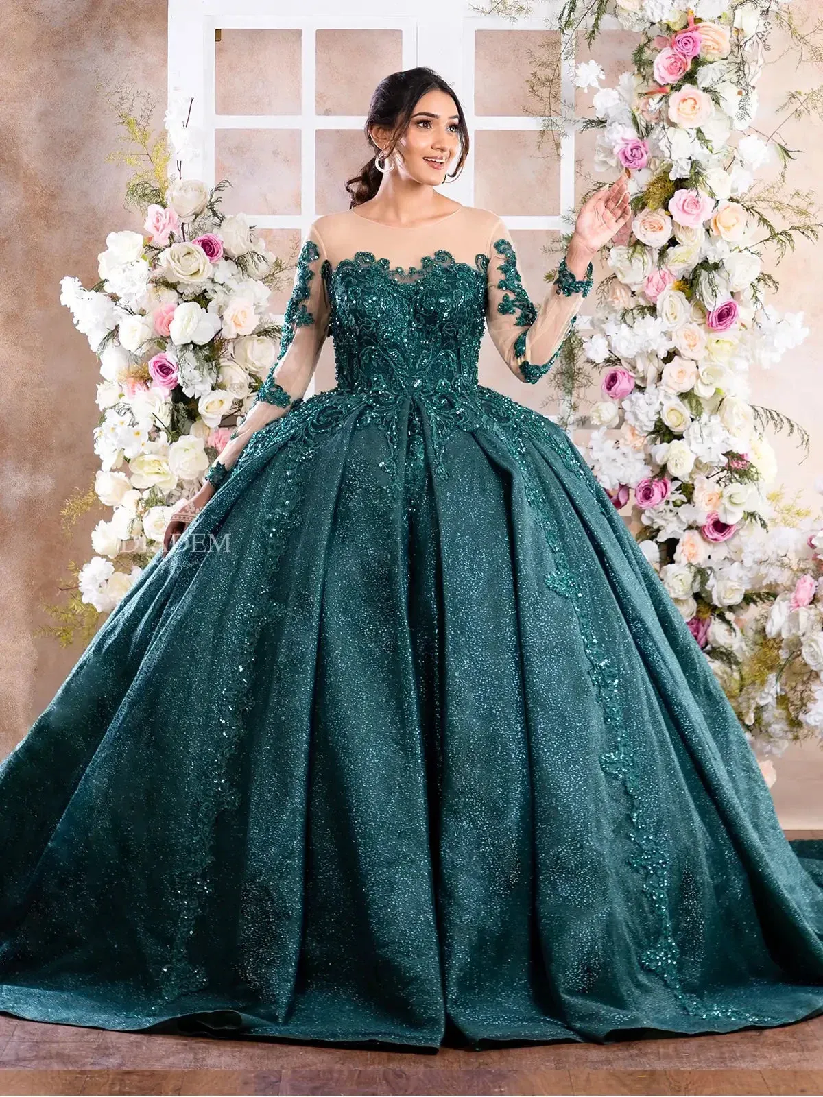 Dark Green Glitter Net Gown Embellished with Floral Laces