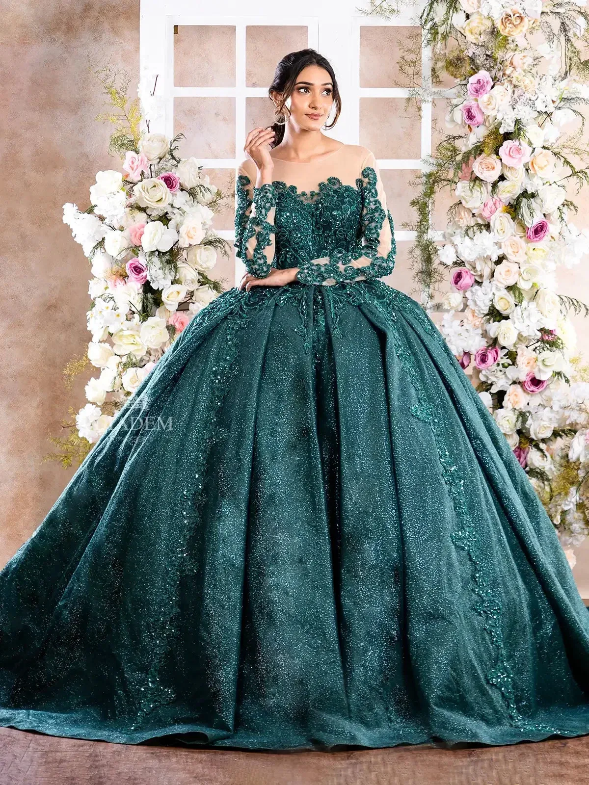 Dark Green Glitter Net Gown Embellished with Floral Laces