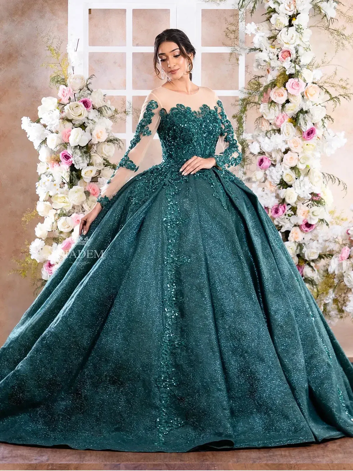 Dark Green Glitter Net Gown Embellished with Floral Laces