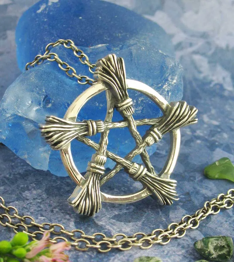 Five Brooms or Besoms Pentacle Pendant, Handmade