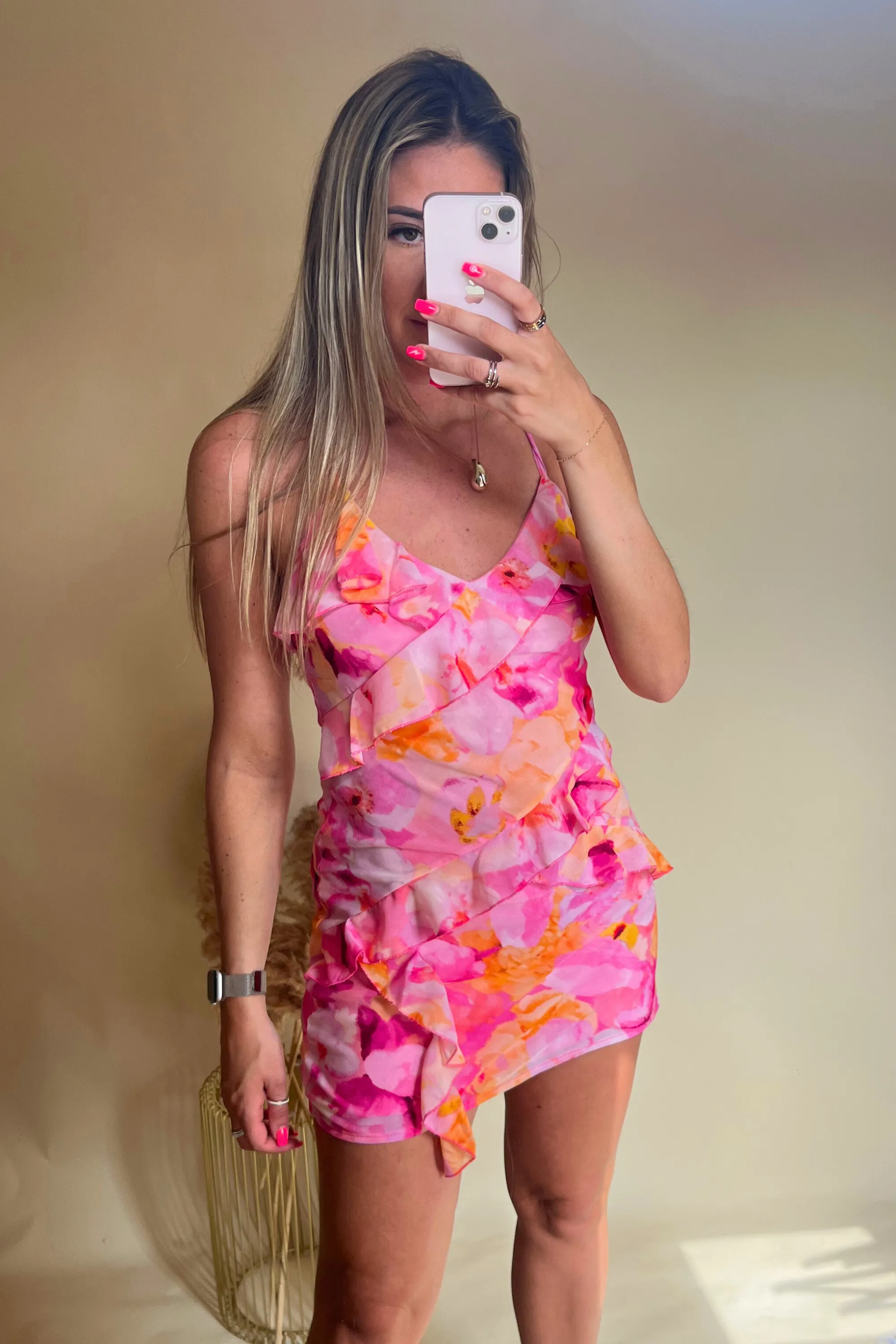 Floral pink ruffle body-con mini dress