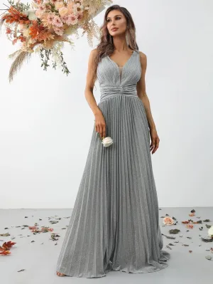 Glitter V Neck Sleeveless Maxi A Line Pleated Dress