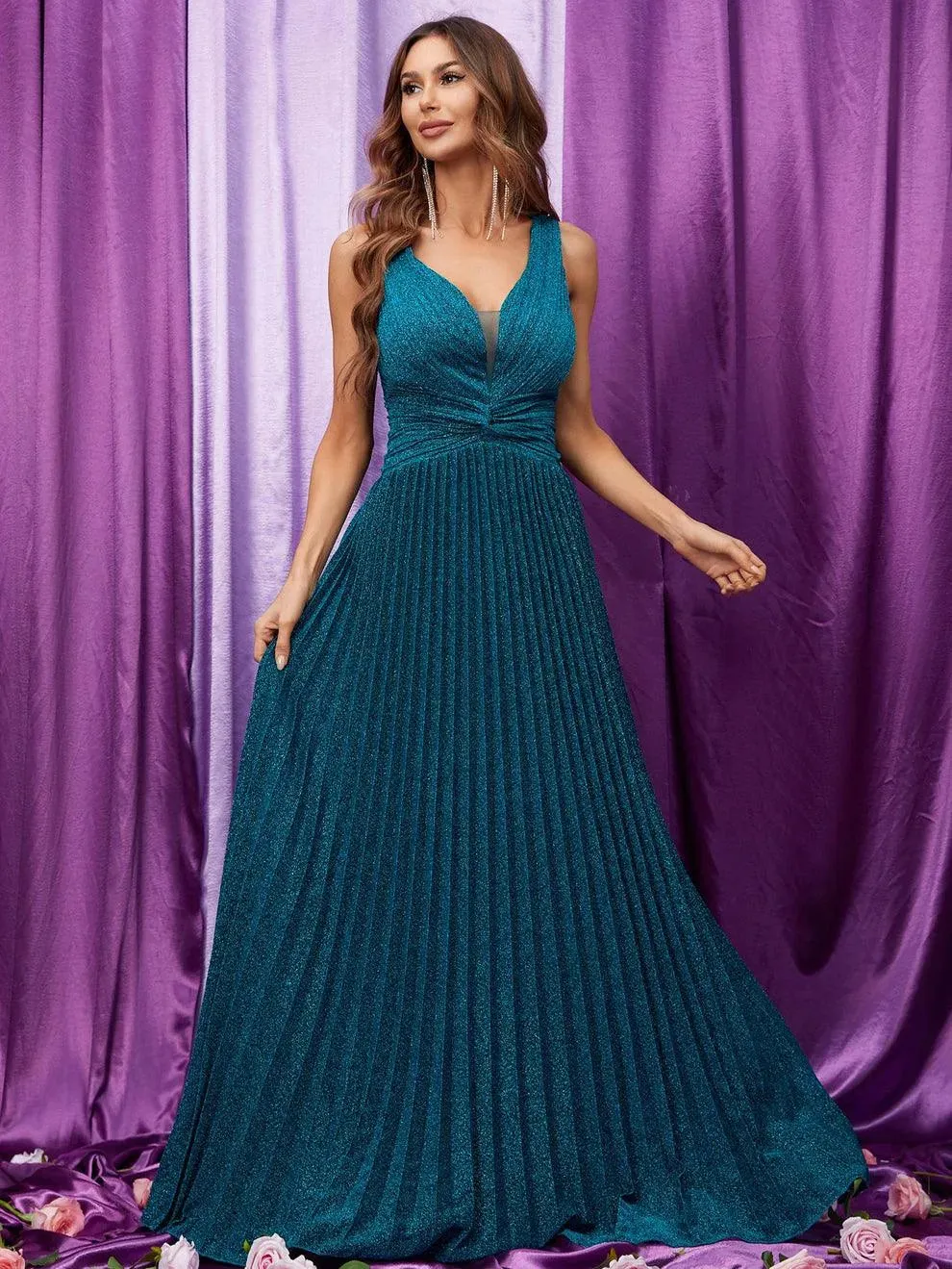 Glitter V Neck Sleeveless Maxi A Line Pleated Dress