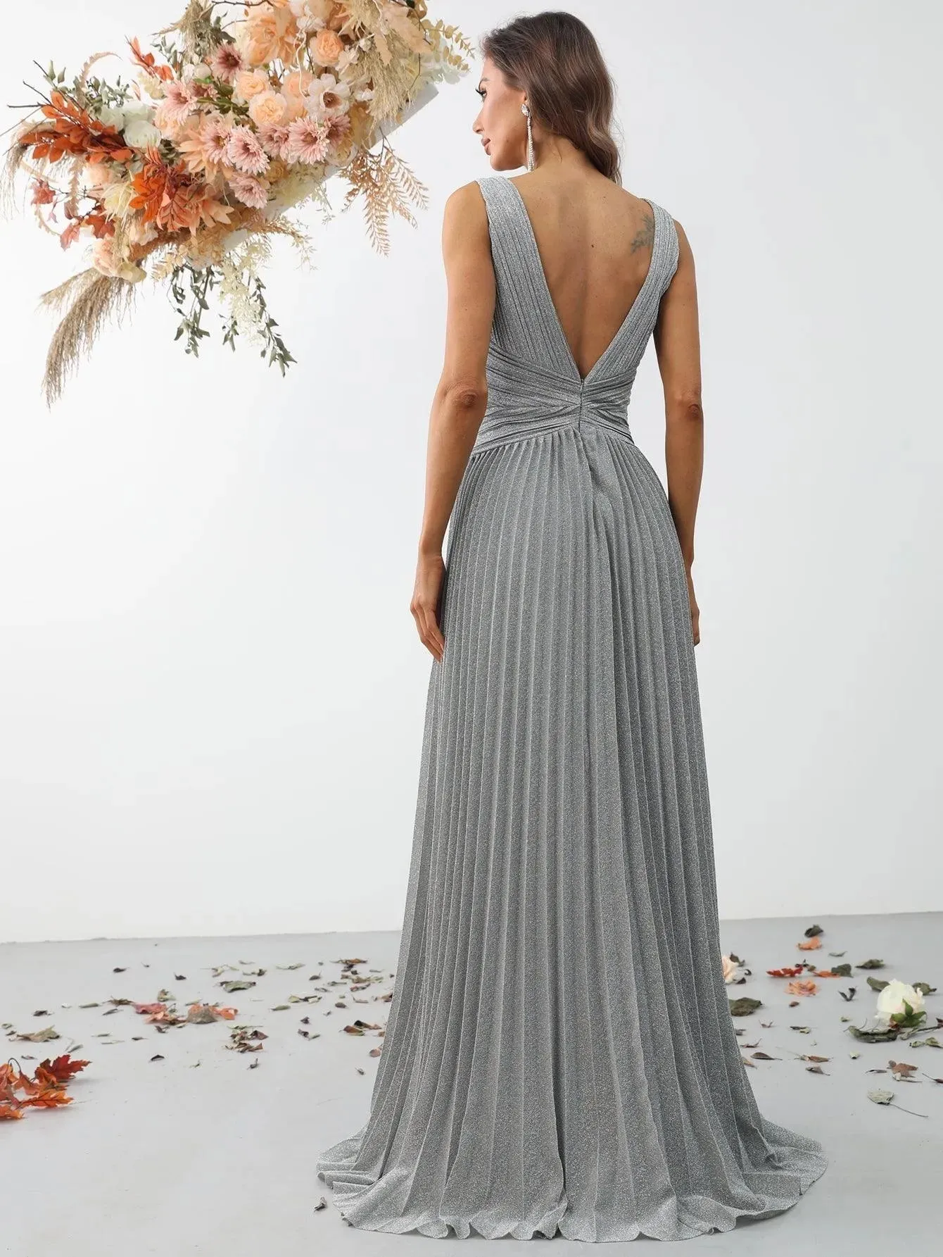 Glitter V Neck Sleeveless Maxi A Line Pleated Dress