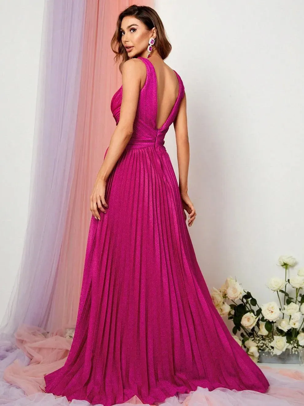 Glitter V Neck Sleeveless Maxi A Line Pleated Dress