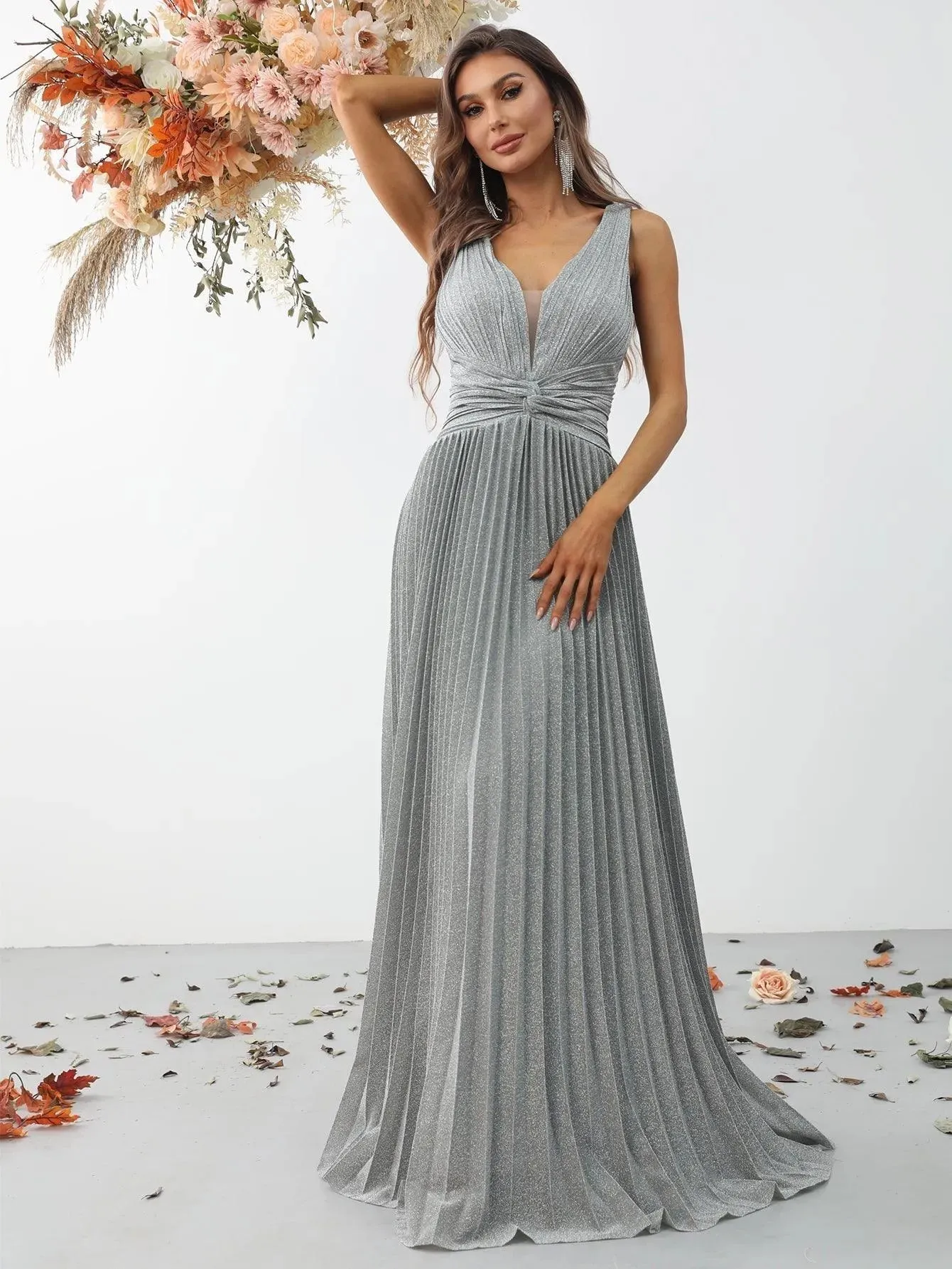 Glitter V Neck Sleeveless Maxi A Line Pleated Dress