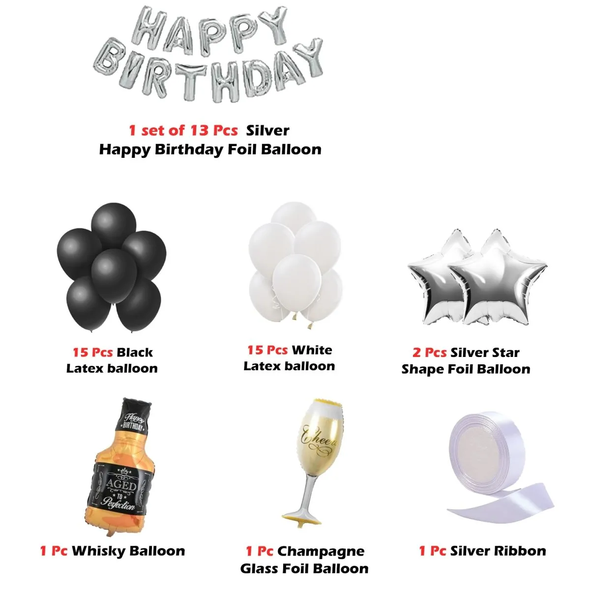 Happy Birthday Decoration Silver  47 Pcs