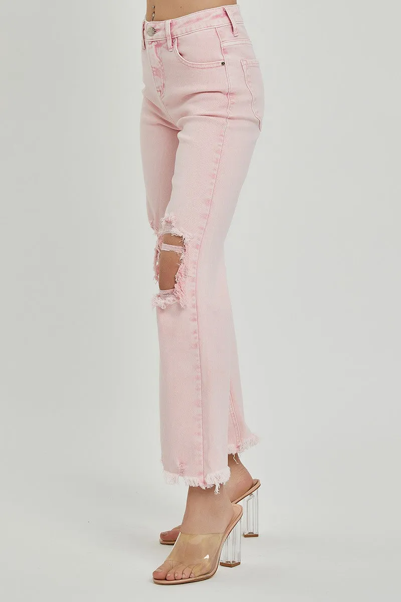 Josey Ray High Rise Distressed Straight Jeans in Acid Pink