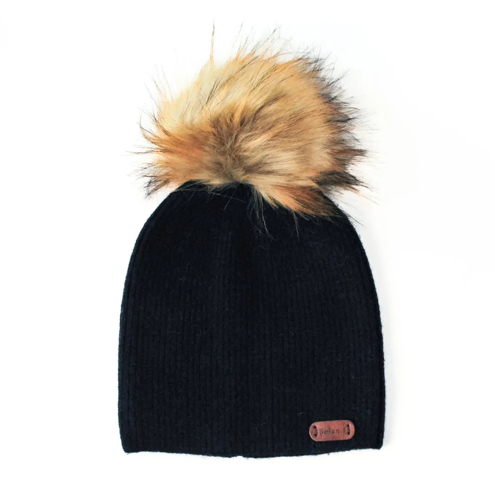 Kids Beanie with faux fur pompom - Black (2-8yr)