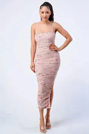 Luxe Mesh Print Ruched Slitted Bodycon Midi Dress