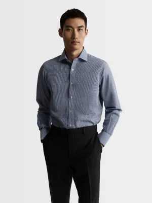 Non-Iron Navy Blue Mini Gingham Poplin Slim Fit Single Cuff Classic Collar Shirt