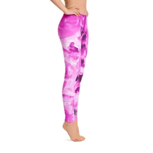 Pink Rose Leggings, Pink Abstract Rose Floral Print Women's Long Casual Running Tights - Made in USA/EU