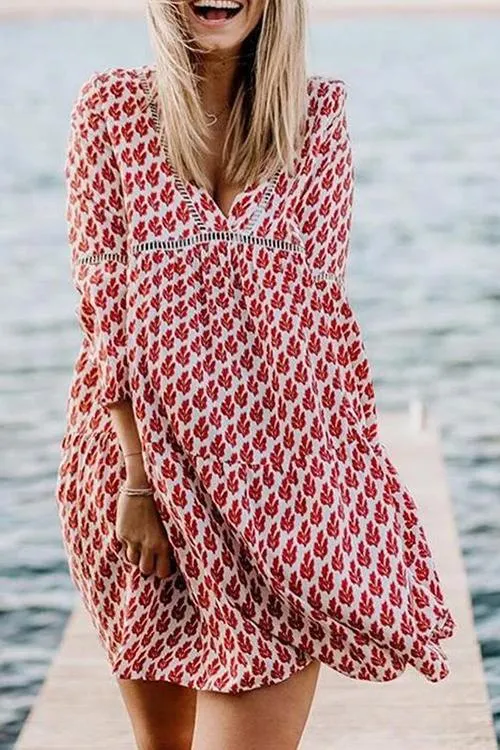 Print V Neck Loose Mini Dress