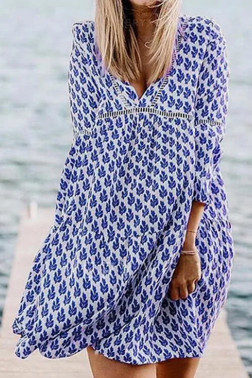 Print V Neck Loose Mini Dress