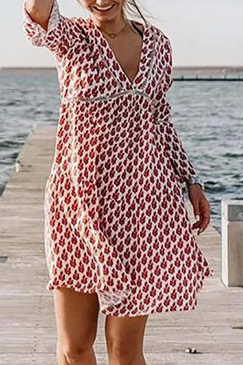 Print V Neck Loose Mini Dress