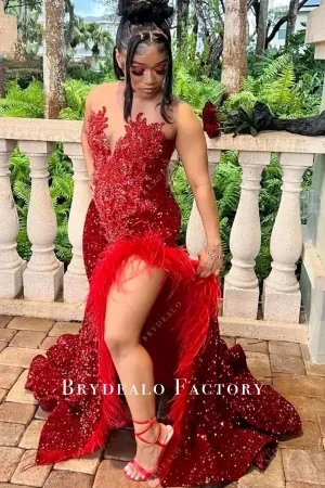 Red Rhinestone Sequin Feather Slit Mermaid Prom Dress