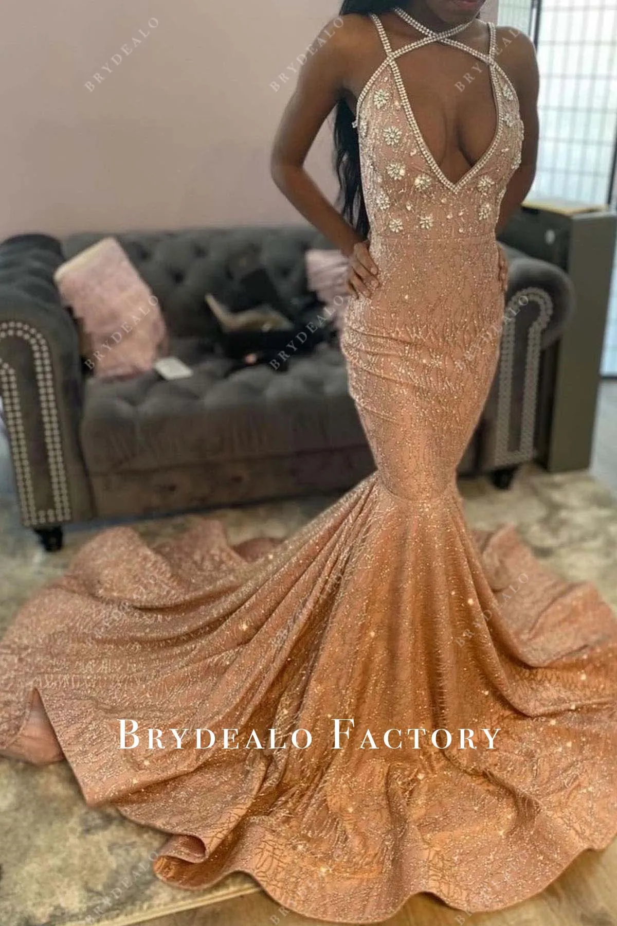 Rose Gold Glitter Plunging Neck Trumpet Prom Dress