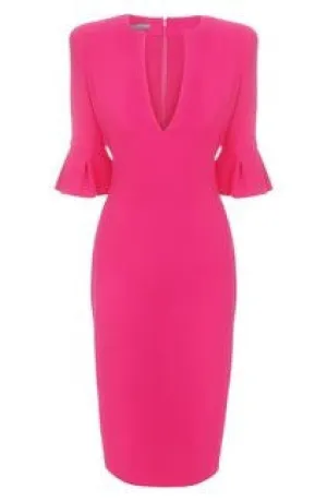 ruffle sleeve - wiggle pencil dress with V neckline