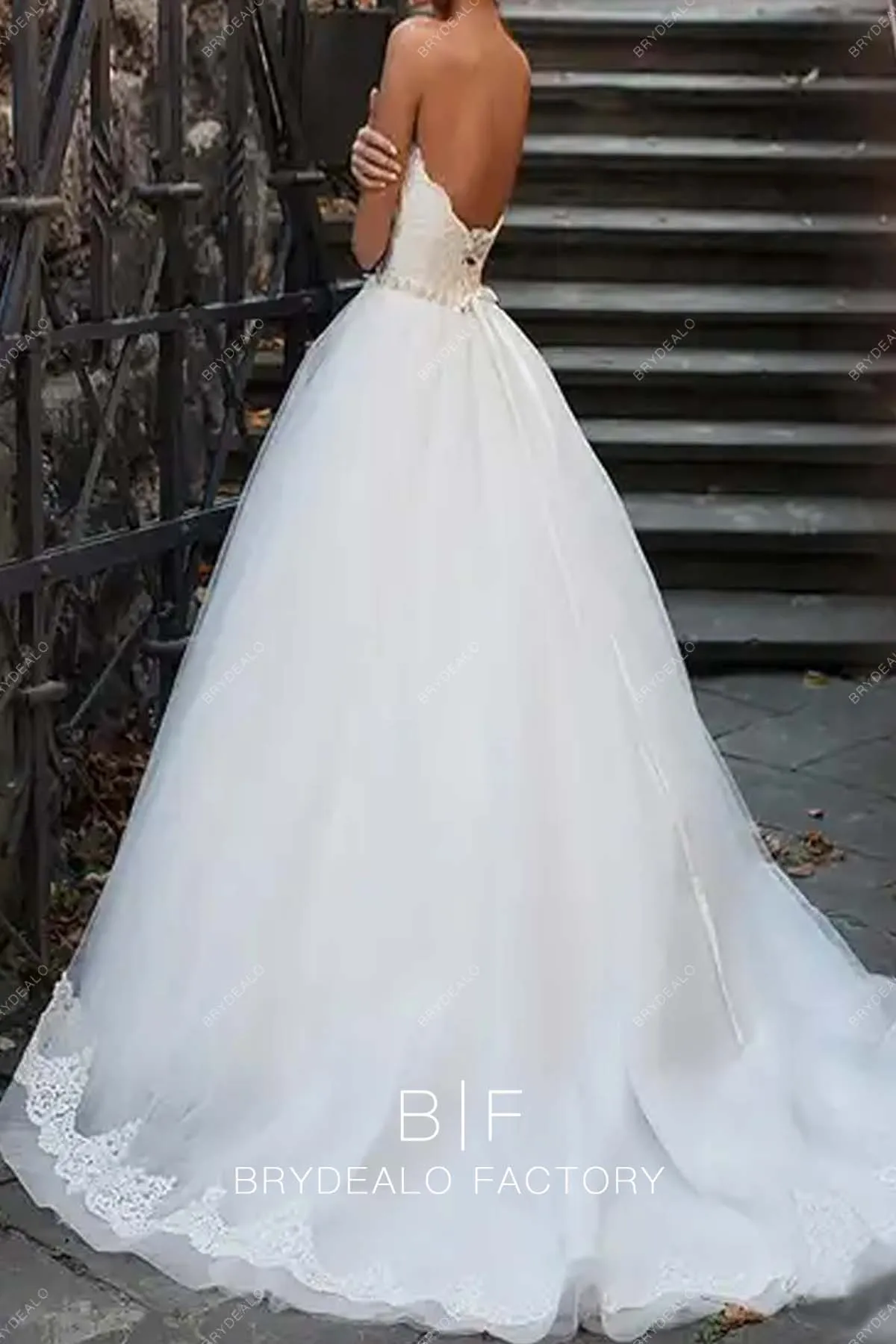 Strapless Lace Tulle Ball Gown Tailored Rustic Wedding Dress