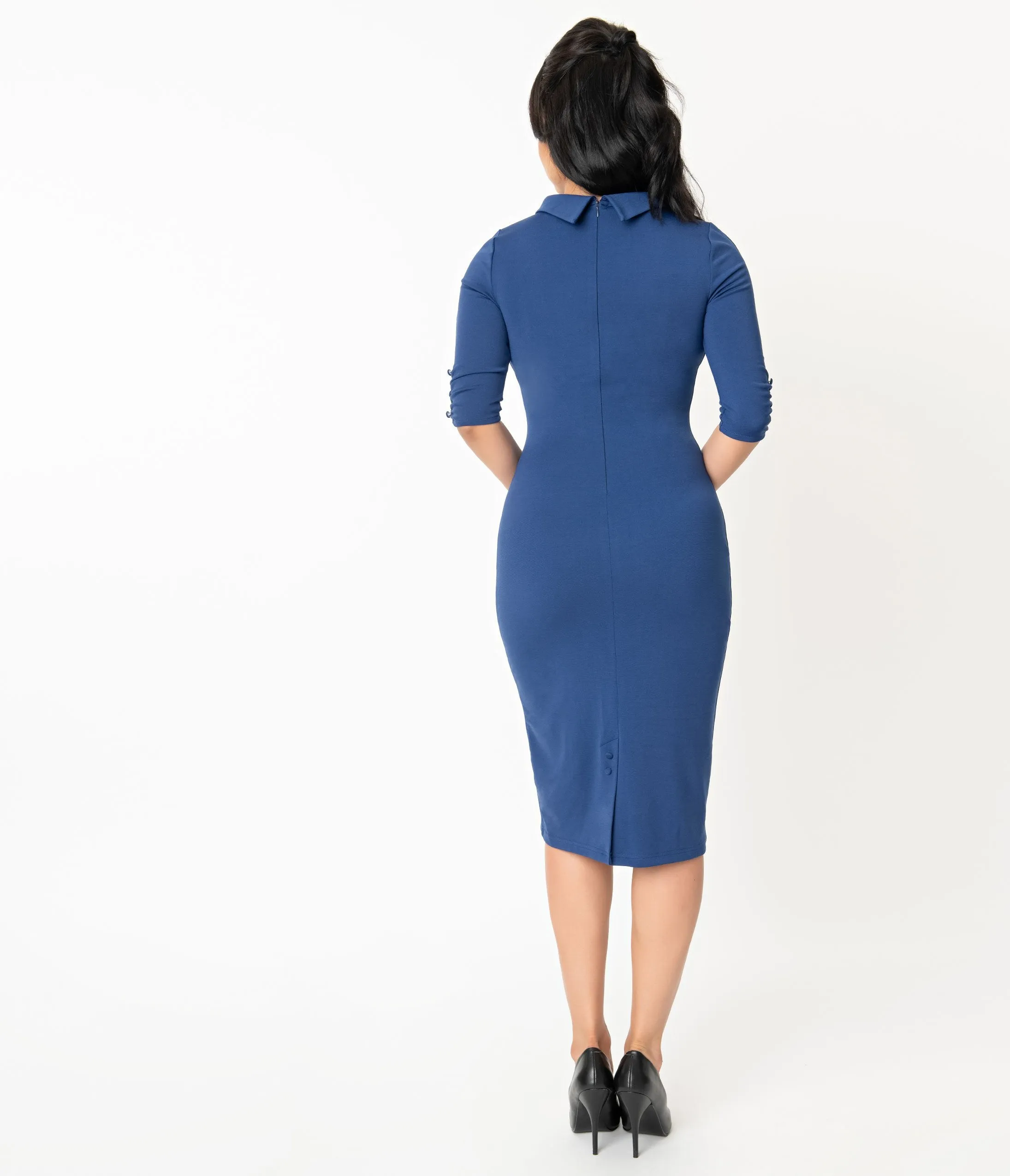 Unique Vintage 1960s Retro Blue Half Sleeve Cassidy Wiggle Dress