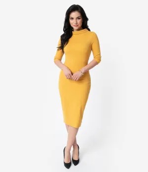 Unique Vintage 1960s Retro Mustard Half Sleeve Cassidy Wiggle Dress