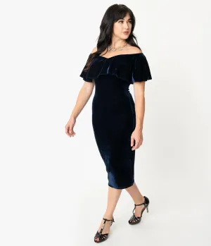 Unique Vintage Navy Blue Velvet Off Shoulder Sophia Wiggle Dress