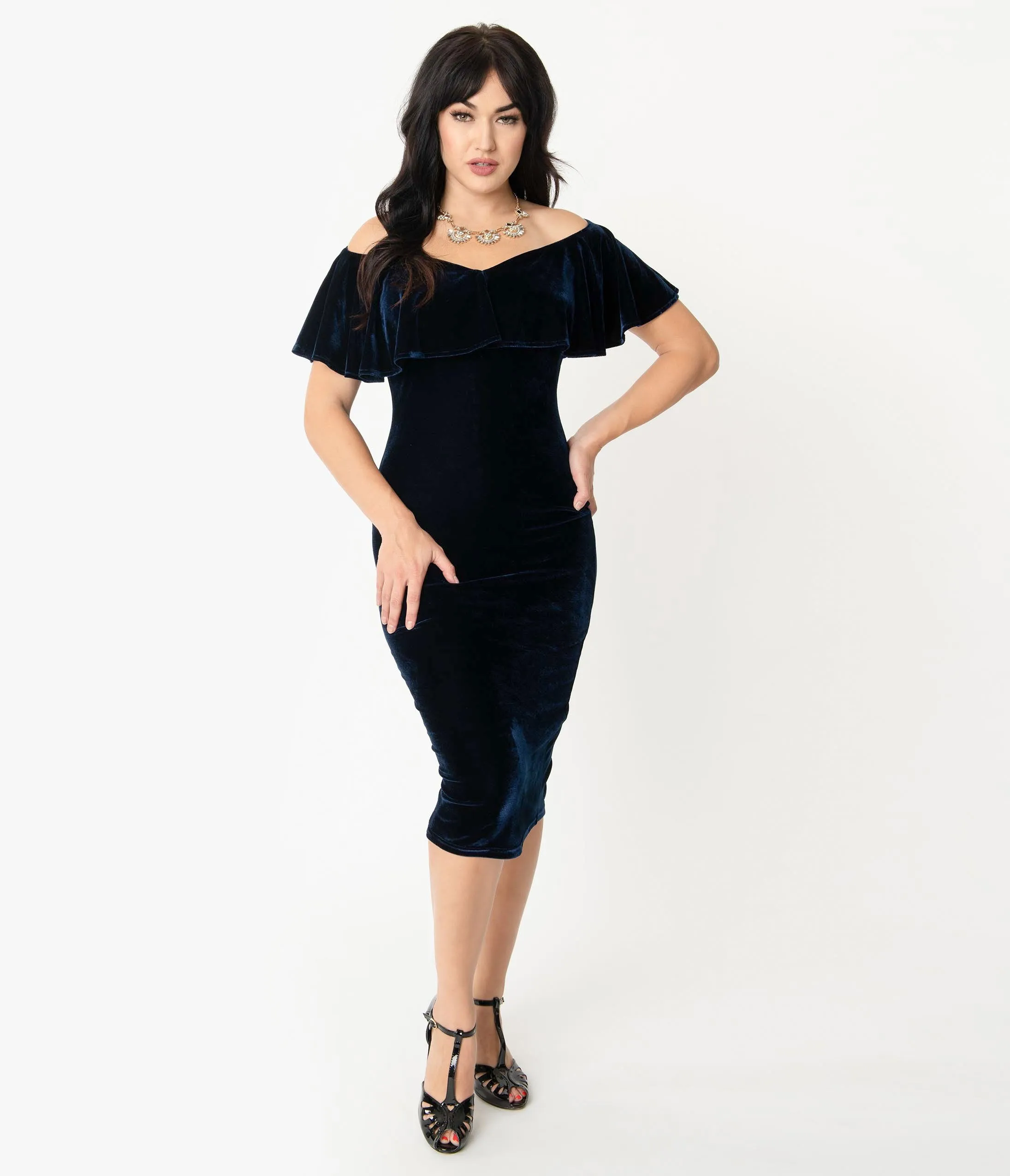 Unique Vintage Navy Blue Velvet Off Shoulder Sophia Wiggle Dress