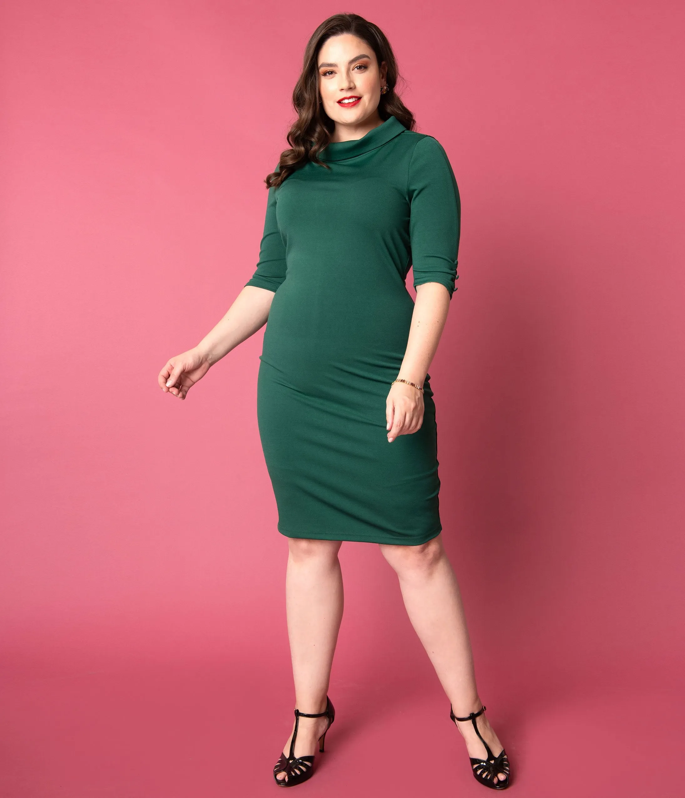 Unique Vintage Plus Size 1960s Retro Green Half Sleeve Cassidy Wiggle Dress