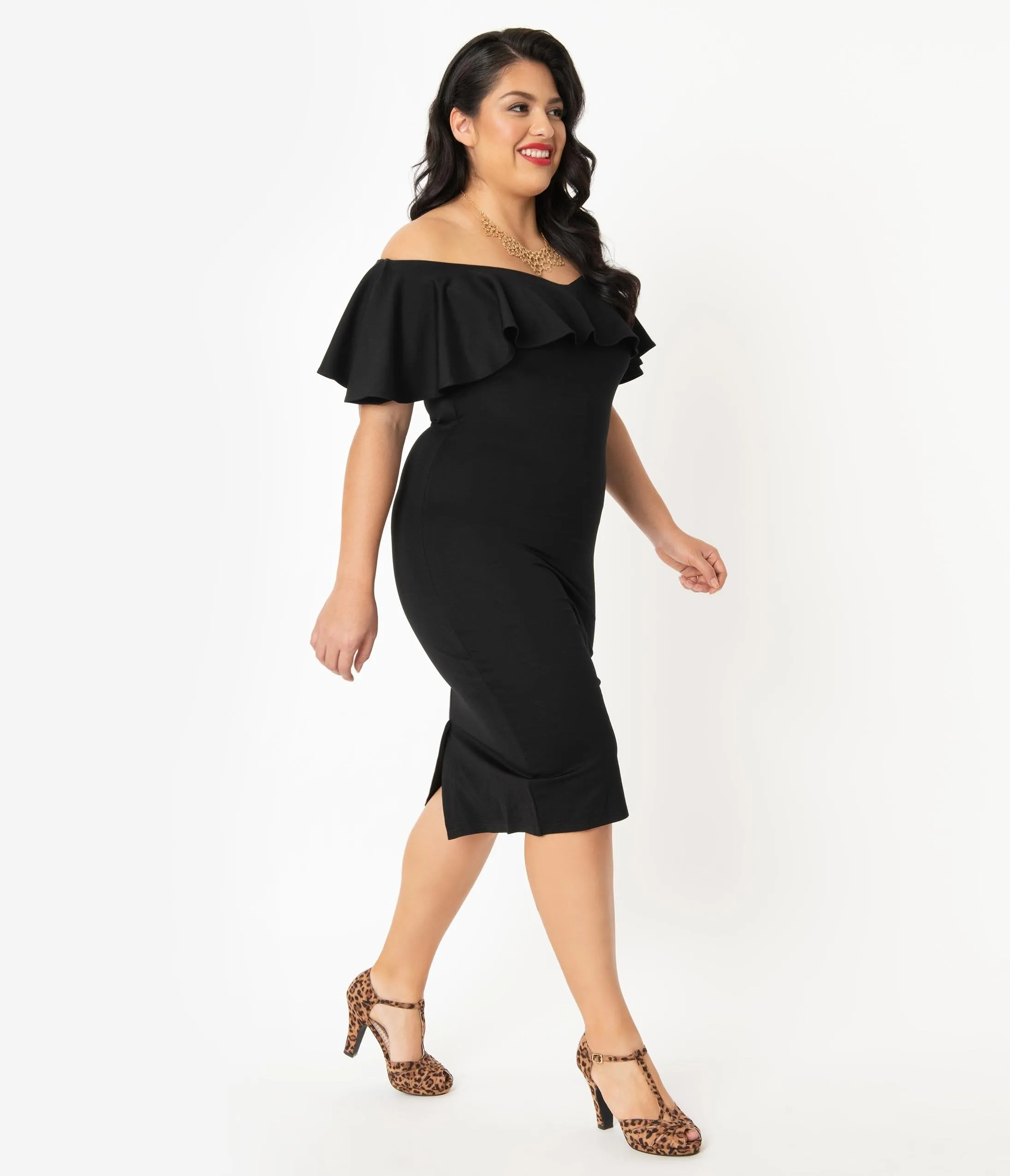 Unique Vintage Plus Size Black Knit Ruffle Sophia Wiggle Dress