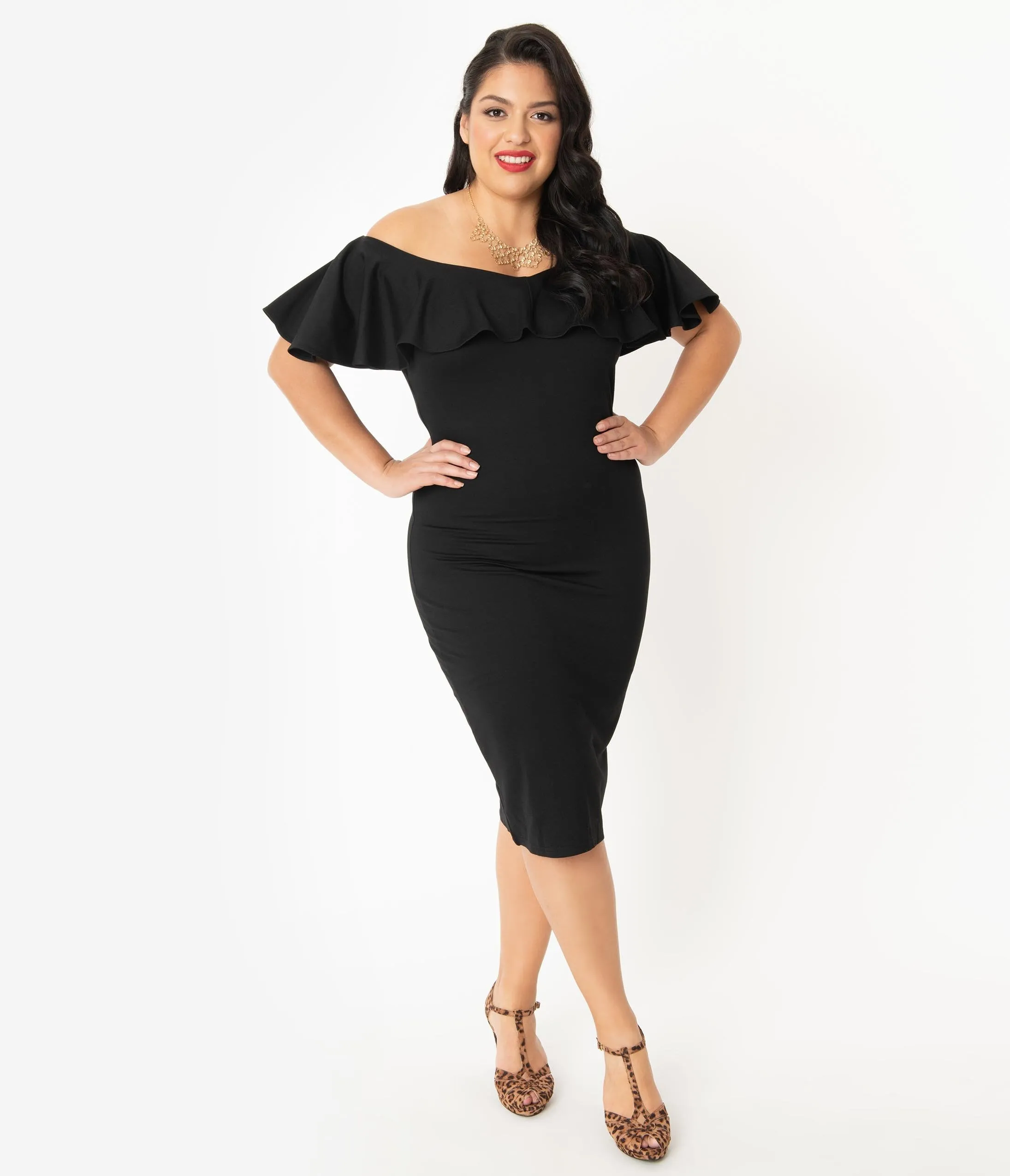 Unique Vintage Plus Size Black Knit Ruffle Sophia Wiggle Dress