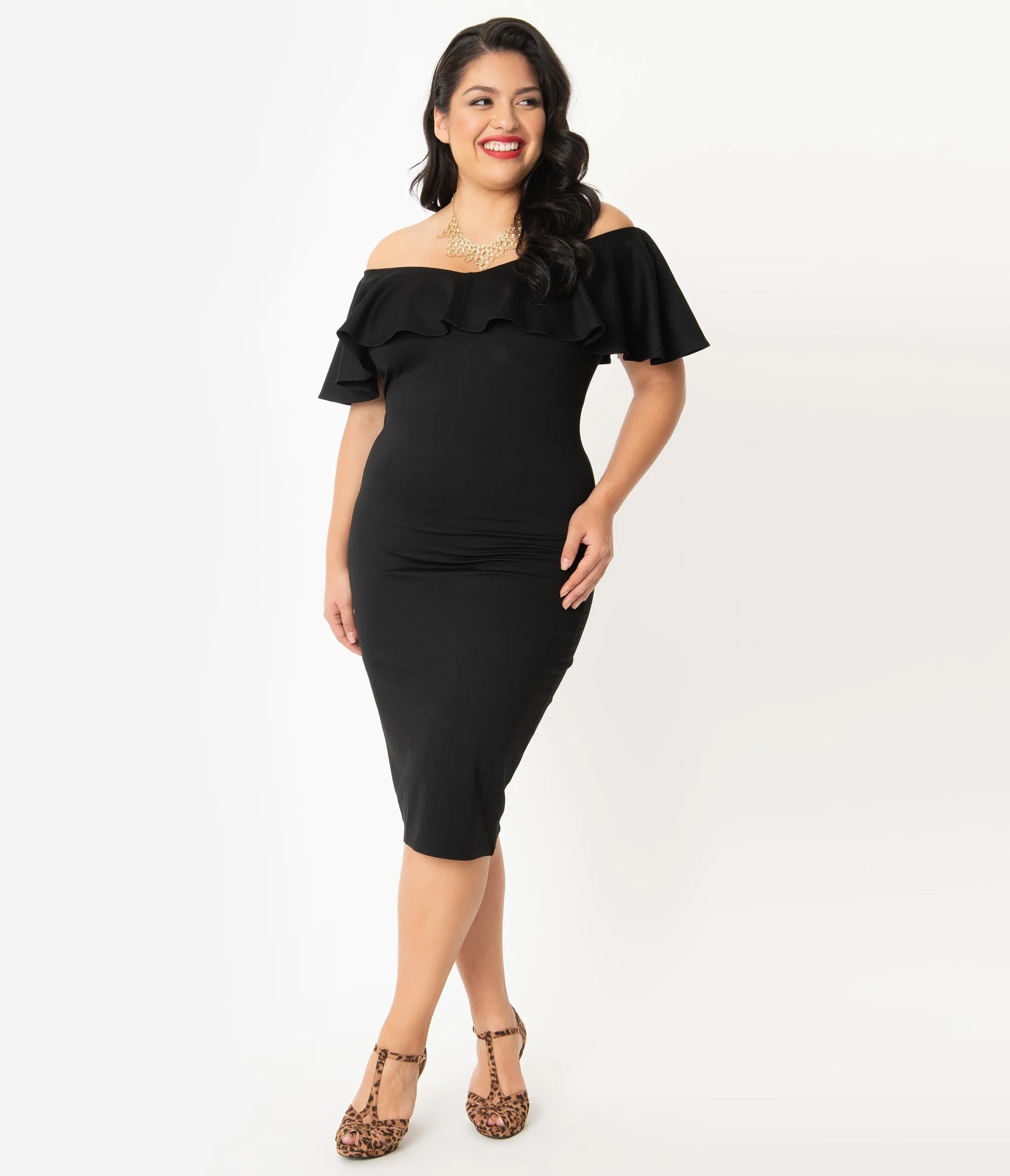 Unique Vintage Plus Size Black Knit Ruffle Sophia Wiggle Dress