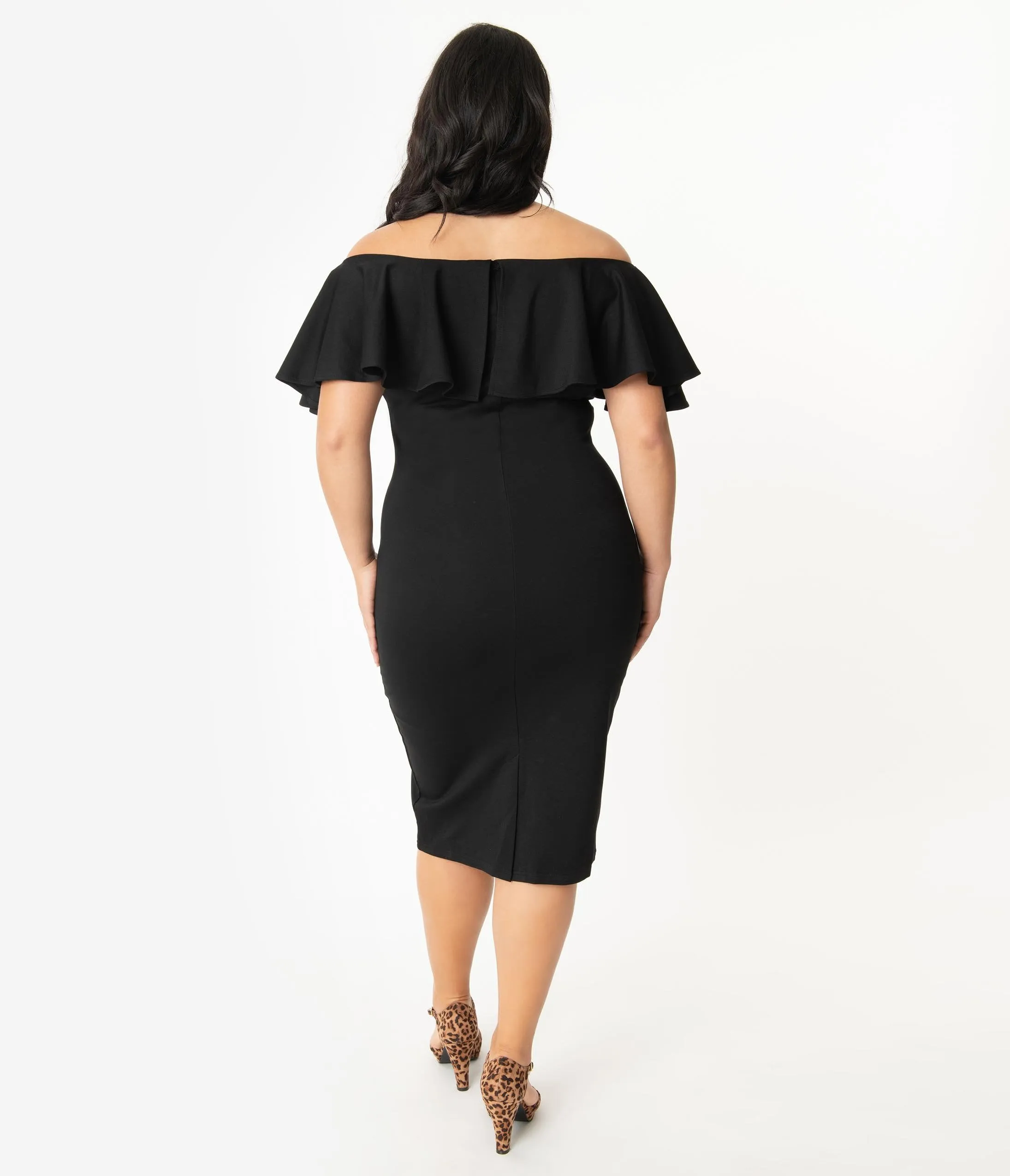 Unique Vintage Plus Size Black Knit Ruffle Sophia Wiggle Dress