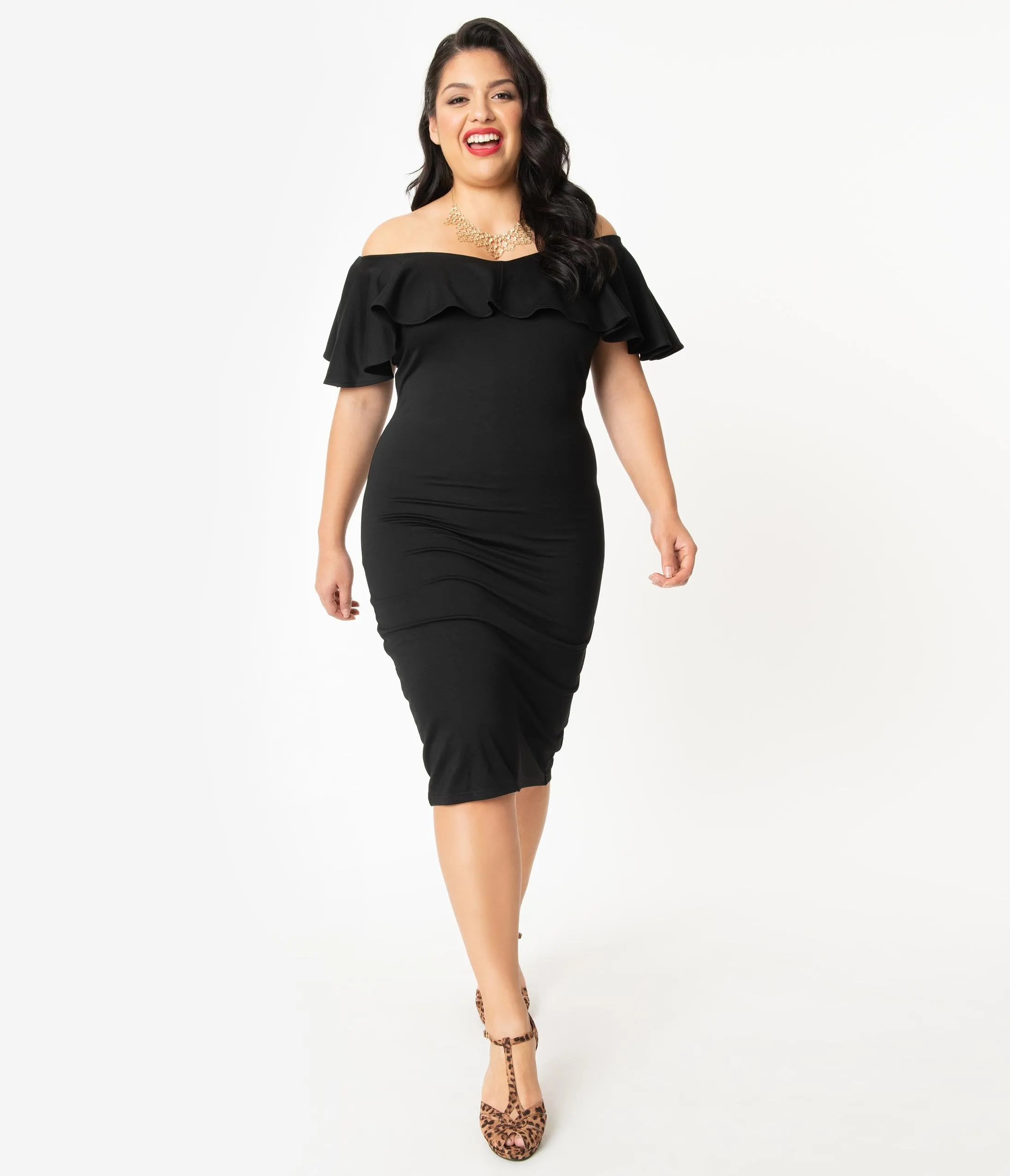 Unique Vintage Plus Size Black Knit Ruffle Sophia Wiggle Dress