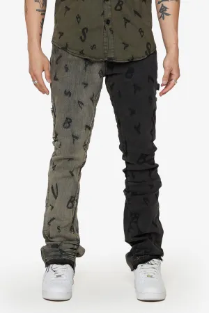 “V-SCRABBLE” LTGREY/MATTE BLACK STACKED FLARE JEAN