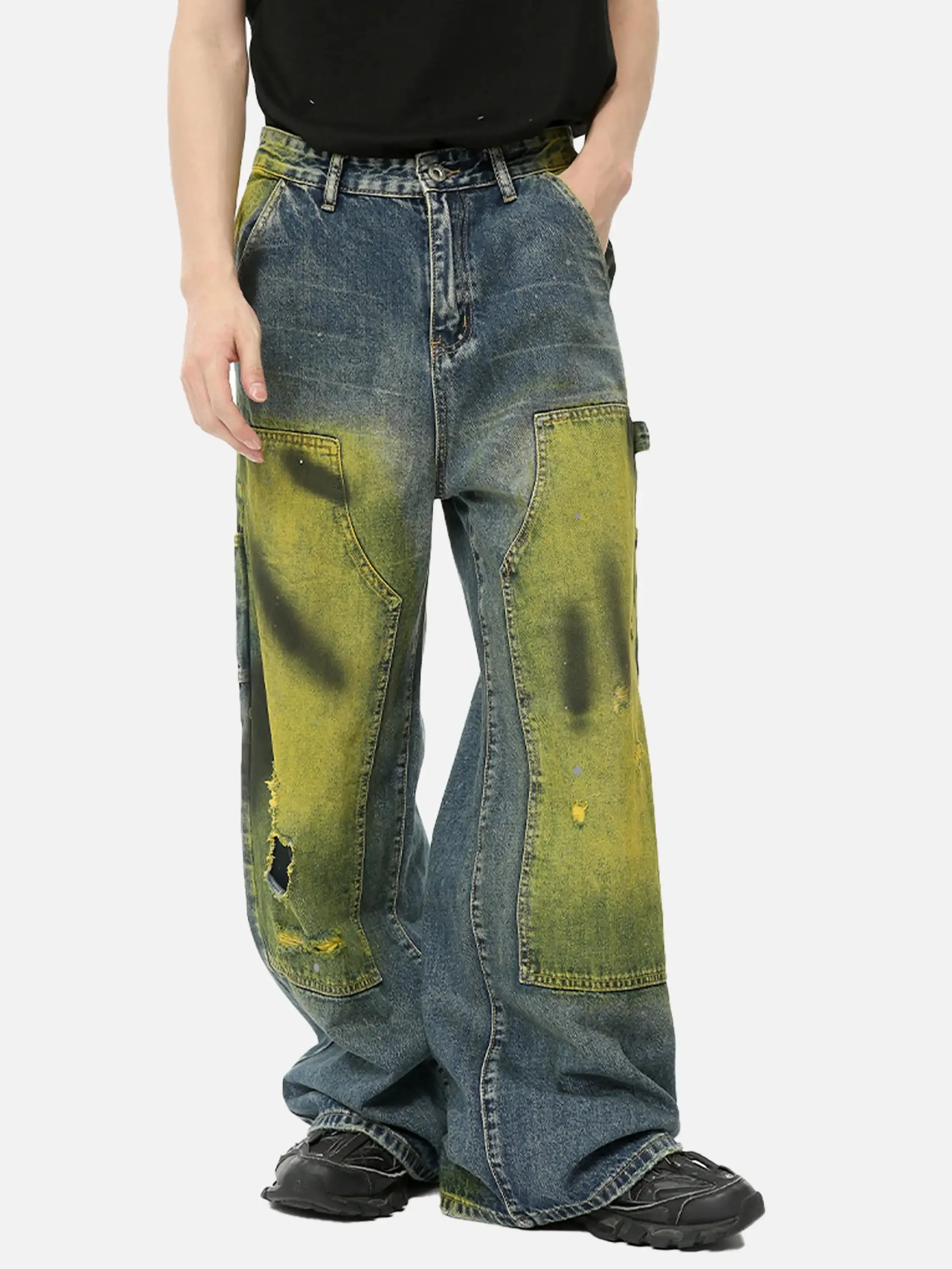 Vintage Spray-painted Patch Ripped Jeans