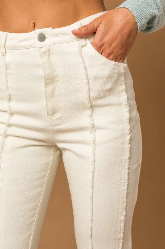 White Exposed Seam Frayed Hem Flare Pants