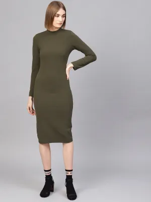 Women Olive High Neck Bodycon Midi Dress